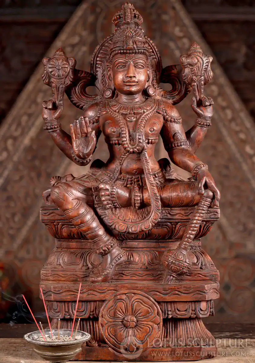 Vishnu Wooden Statue in Abhaya Mudra with Conch, Discus, and Club on Lotus Base 24"