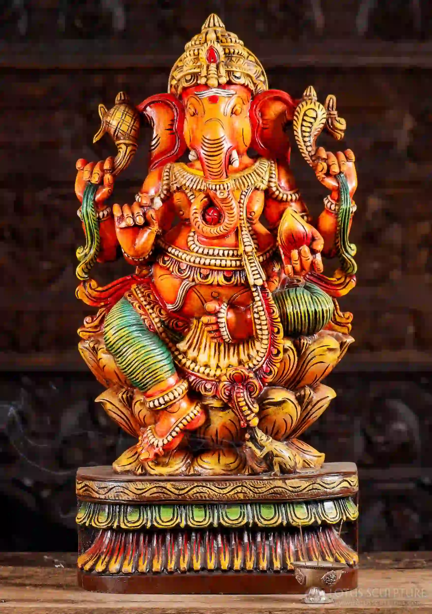 Ganesh Colorful Wooden Statue Seated in Lalitasana with Modak, Goad, Noose, and Mooshika 30"