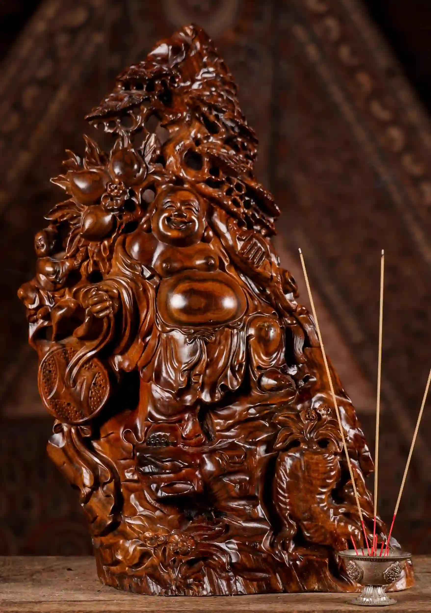 Happy Buddha Under Bodhi Tree Wood Statue with Wishstick, Peaches, Coins, and Child 23"