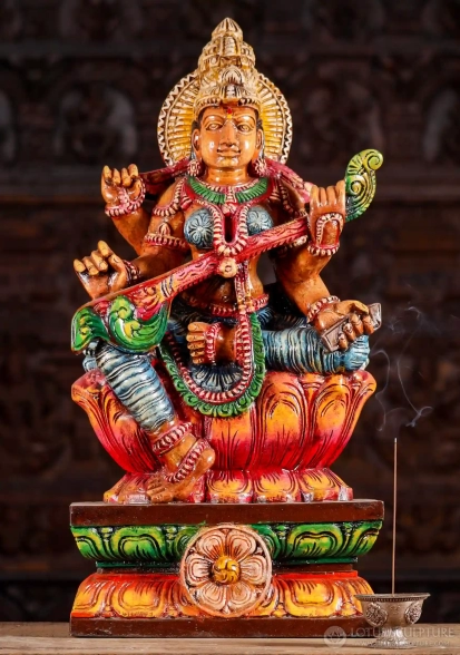 Saraswati Hand-Carved Wooden Statue Seated on Lotus Playing Veena, Vibrantly Painted 24"