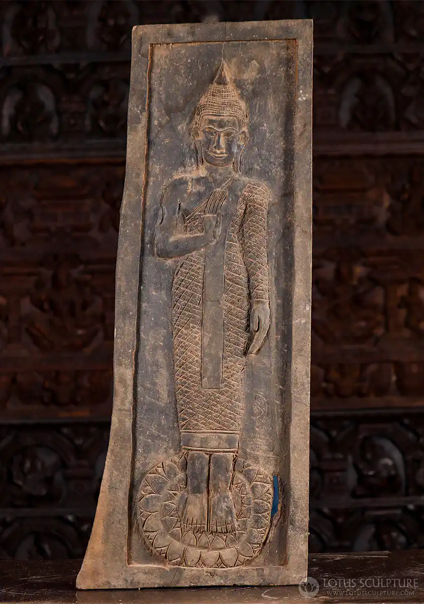 Buddha Standing in Abhaya Mudra on Lotus Flower, Wood Panel with Brocade Robes 38"