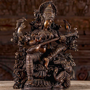 Brass Saraswati Statue the Hindu Goddess of Wisdom Playing Veena