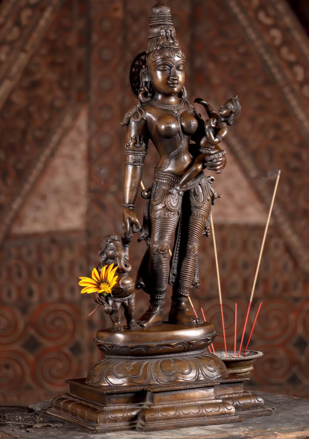 Grey Marble Uma Devi With Swan Statue