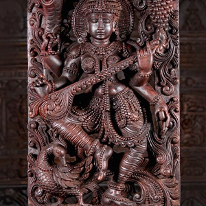 Wooden Saraswati Sculpture Playing the Veena