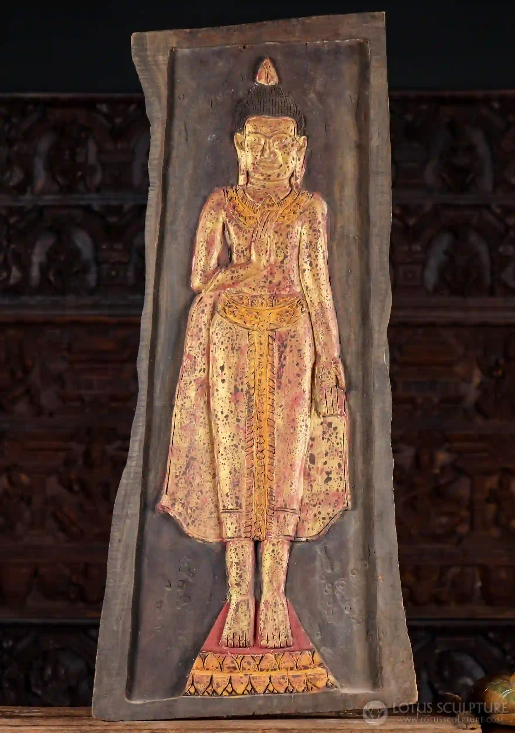 Buddha Standing in Abhaya & Varada Mudras on Lotus Base Cambodian Wood Panel 46"