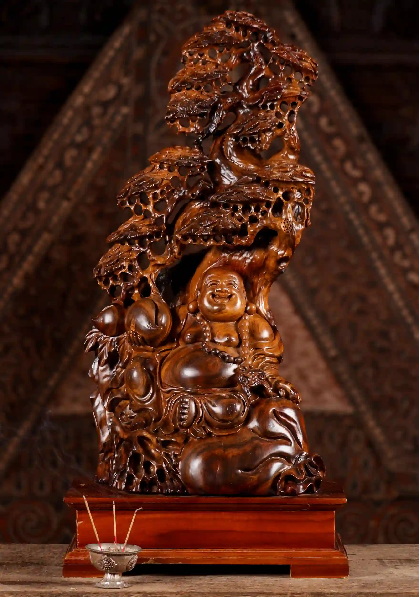 Hotei Buddha Under Bodhi Tree with Peaches Hand-Carved Dark Wood Sculpture 29"