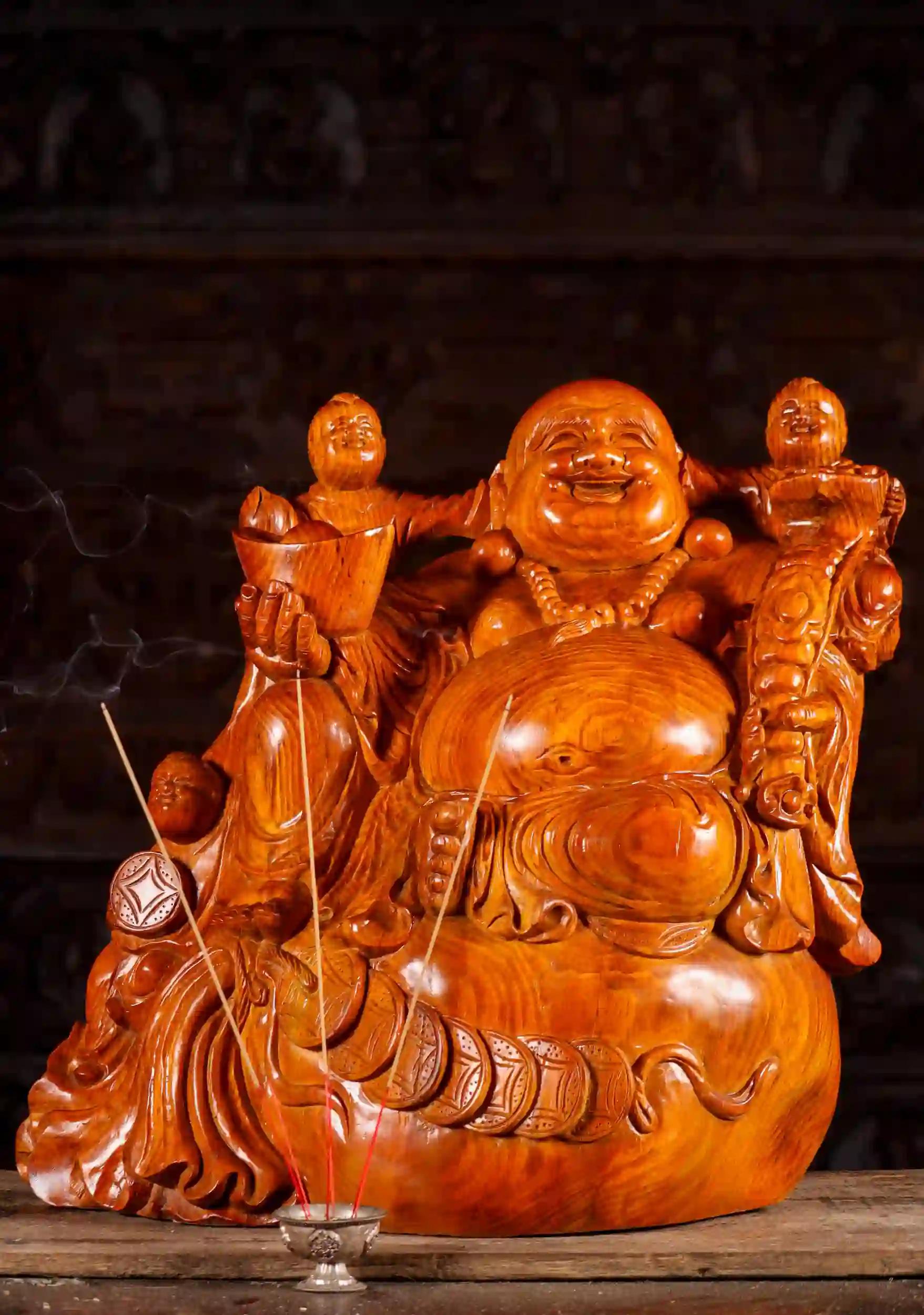 Buddha of Wealth Wooden Sculpture with Three Children and Sack of Abundance 22"