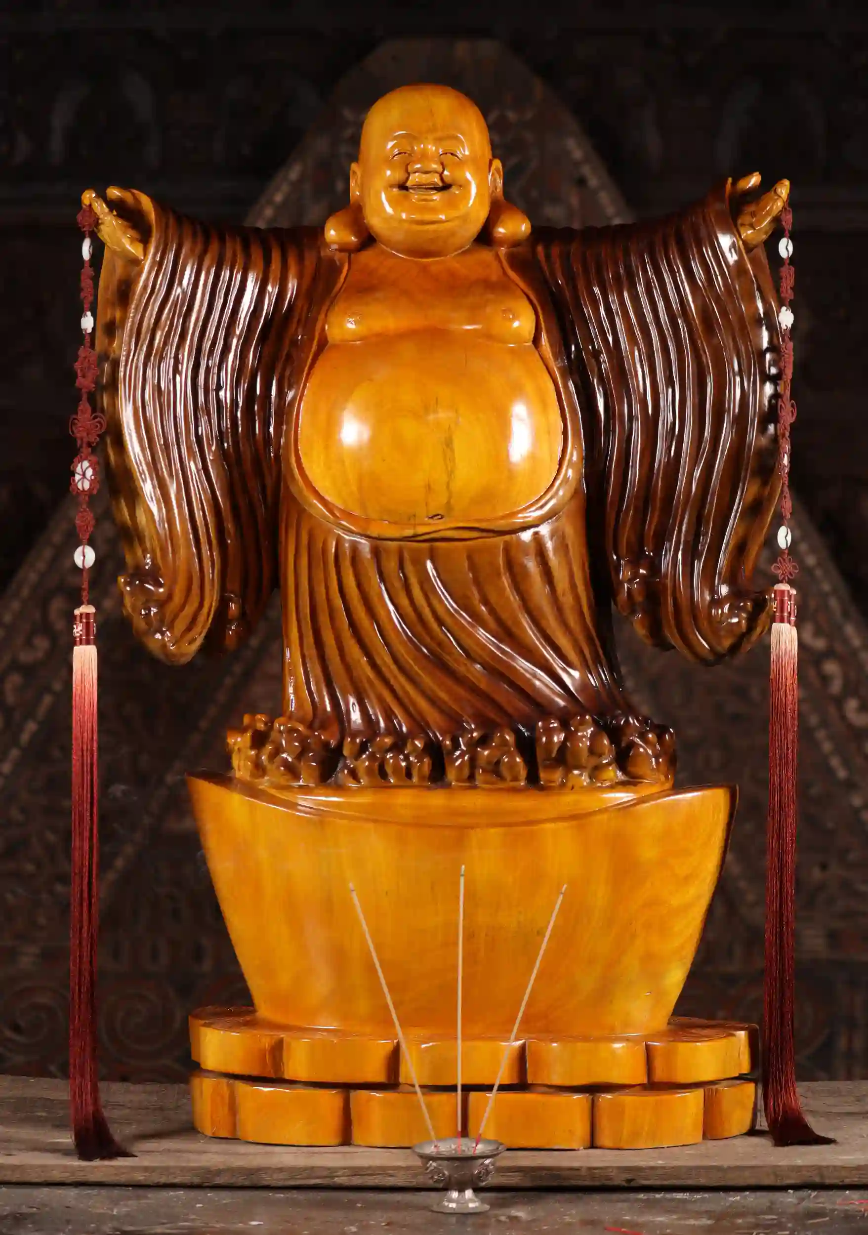 Fat & Happy Hotei Buddha Wood Sculpture in Welcoming Display with Outstretched Arms 33"