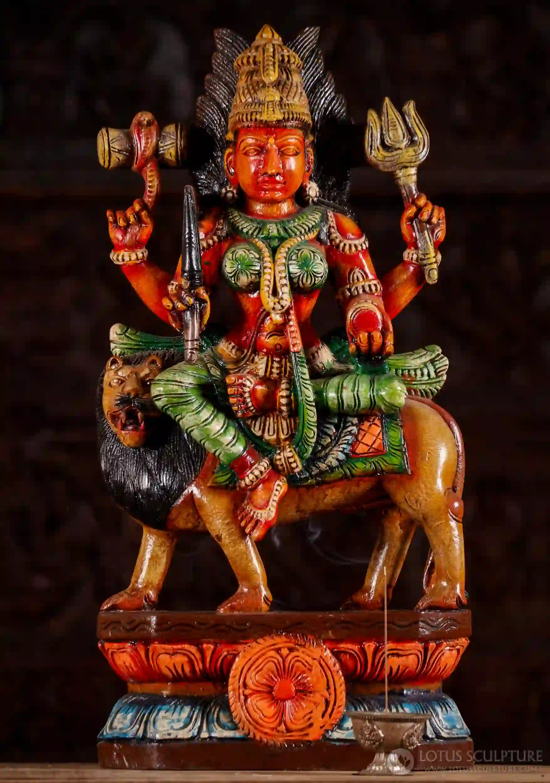 Shakti Wood Statue on Lion Holding Trident, Drum, Knife, and Skull Cup 24"