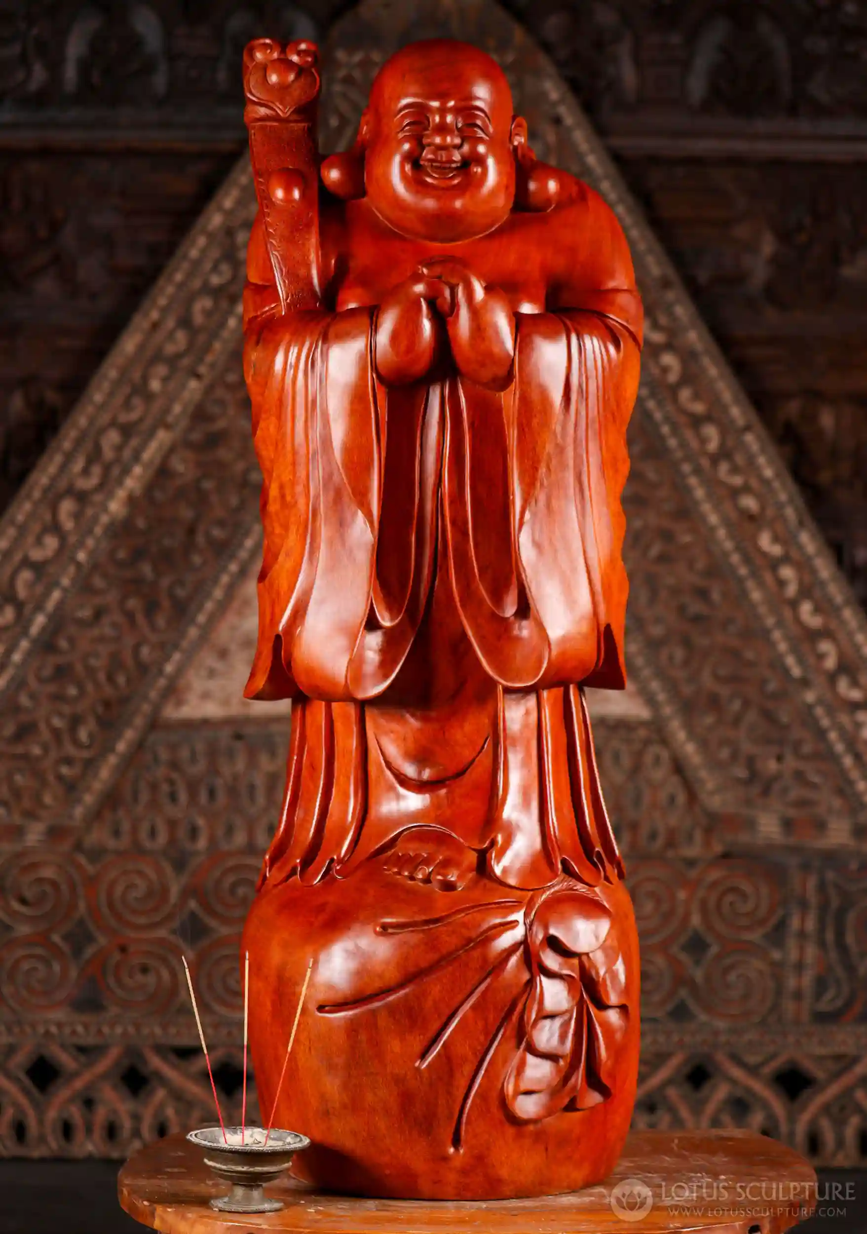 Happy Buddha Hand-Carved Wood Statue with Hands Clasped on Sack of Gold 40'