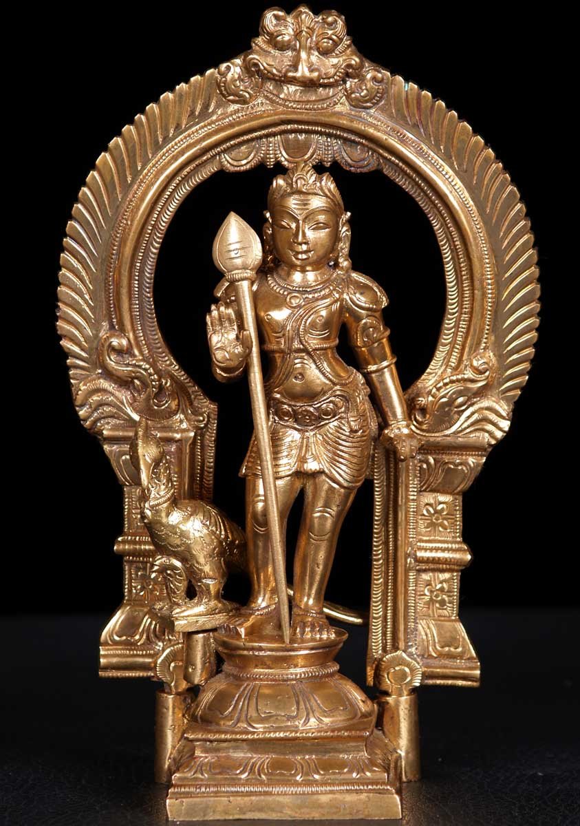 Murugan Statue with Vel, Peacock & Arch 8"