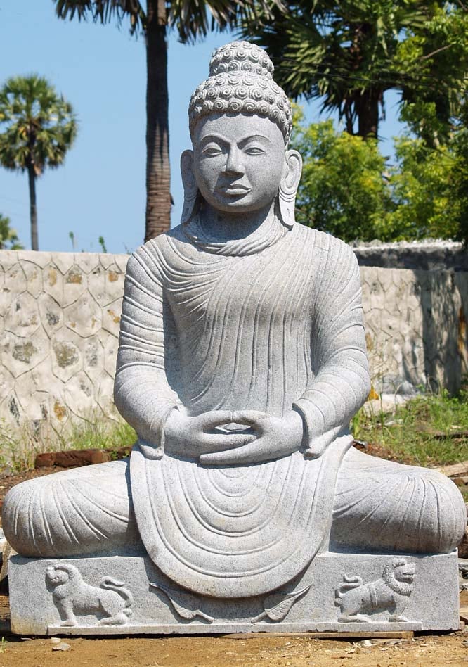 Hand Sculpted Black Granite Meditating Buddha Statue with Bodhi Leaves & Lions 66"