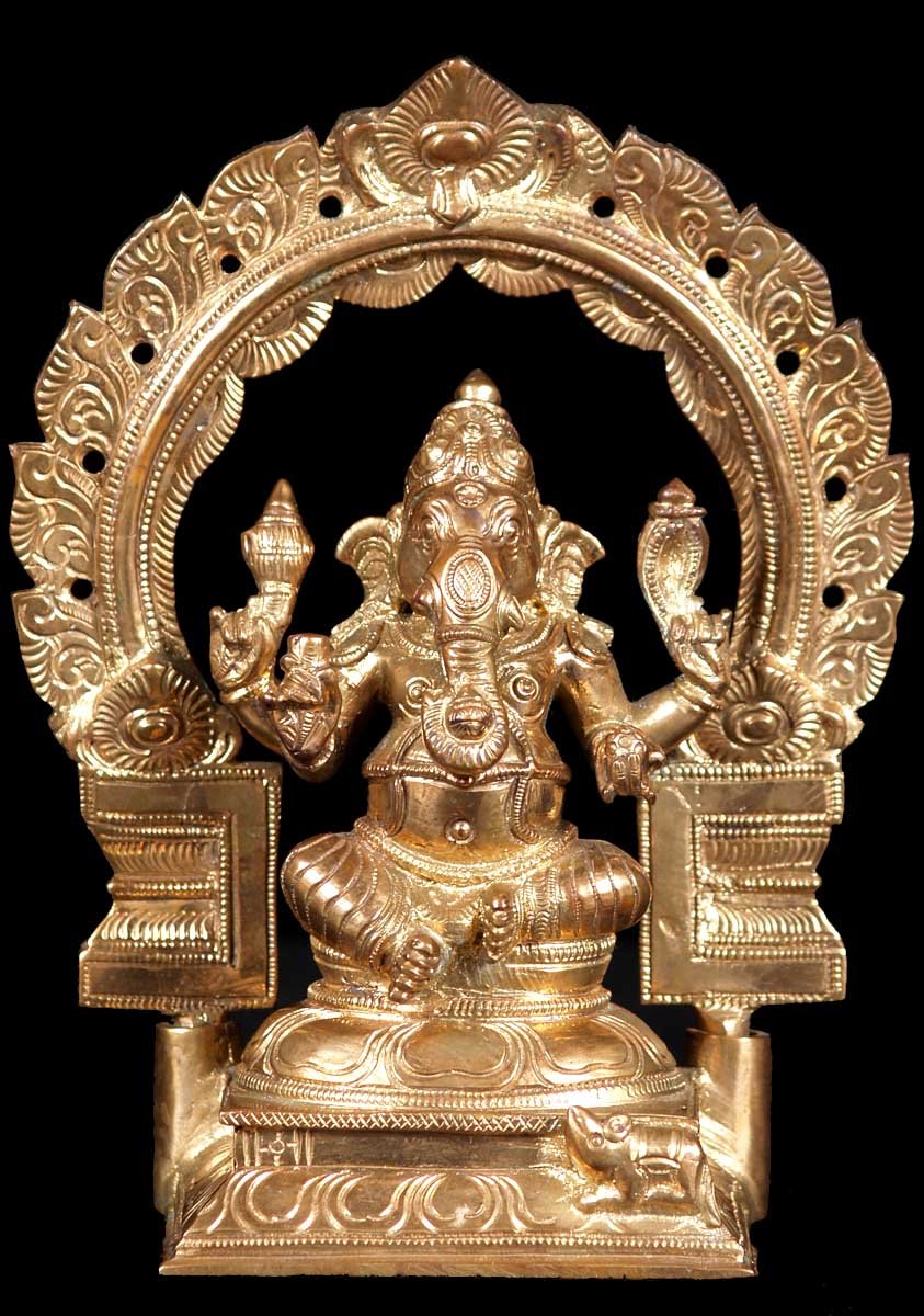 Bronze Ganesh with Rat & Arch 7"