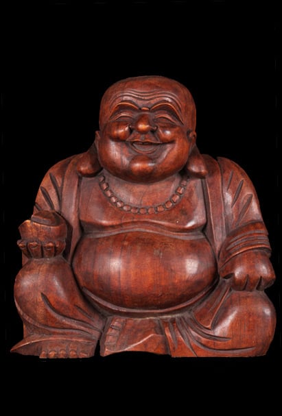 SOLD Fat & Happy Wood Buddha of Wealth Statue 12