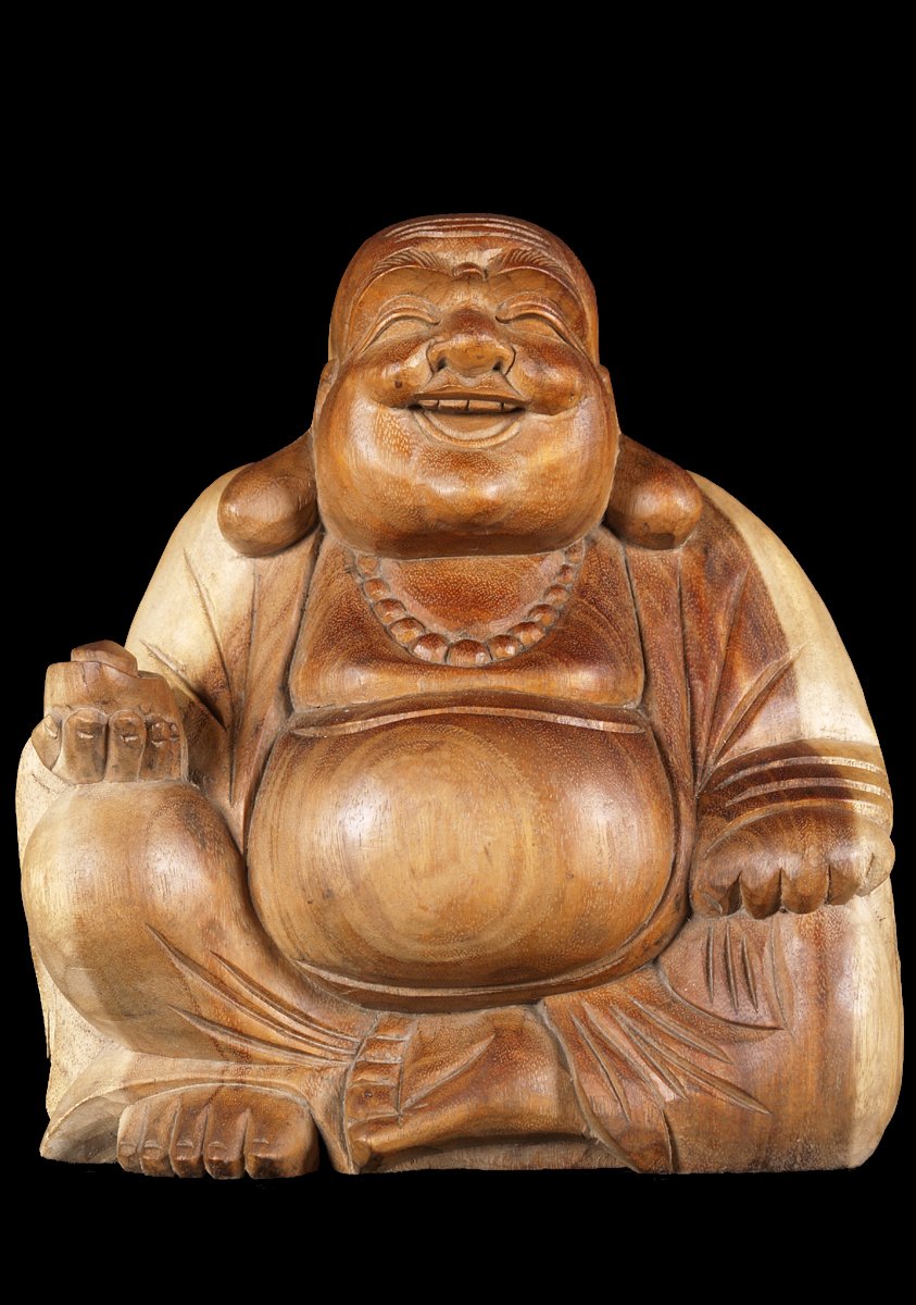 Wood Fat & Happy Buddha Statue 12"