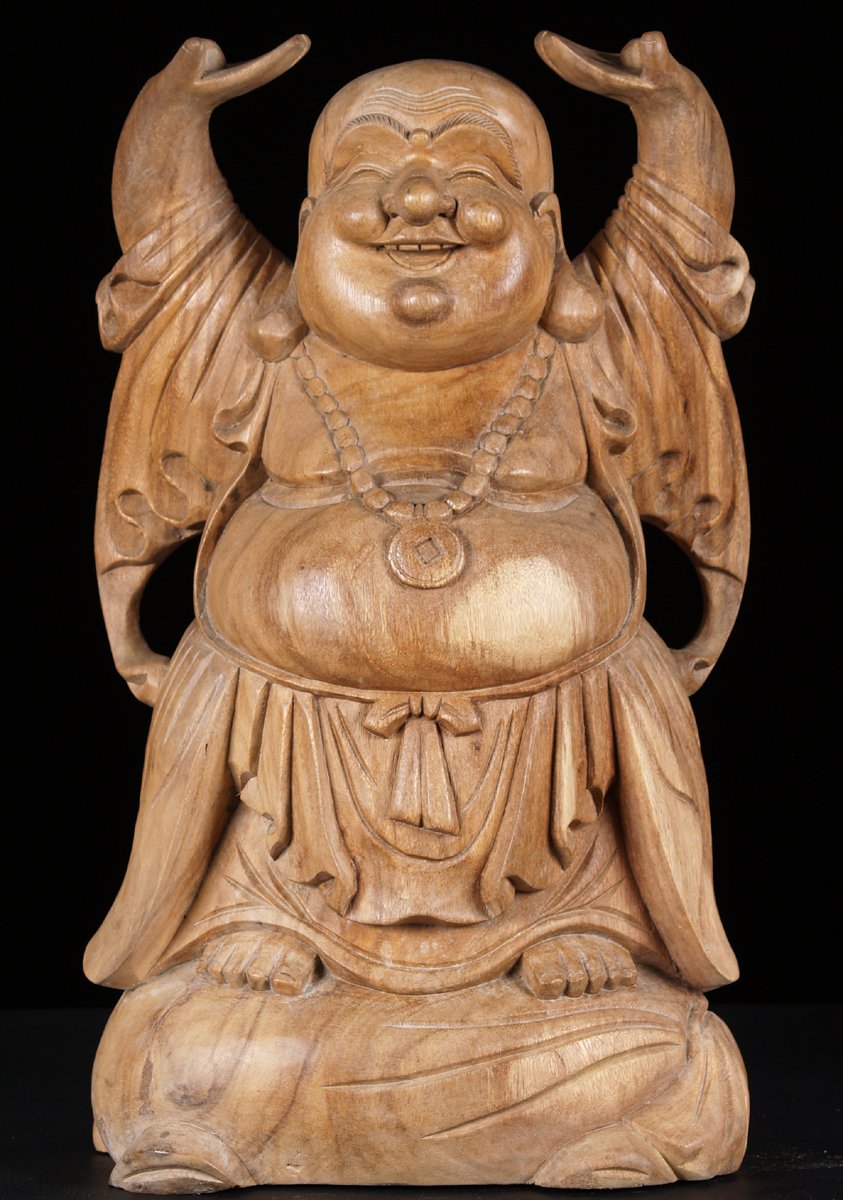 Natural Wood Colored Fat Buddha Statue 31"