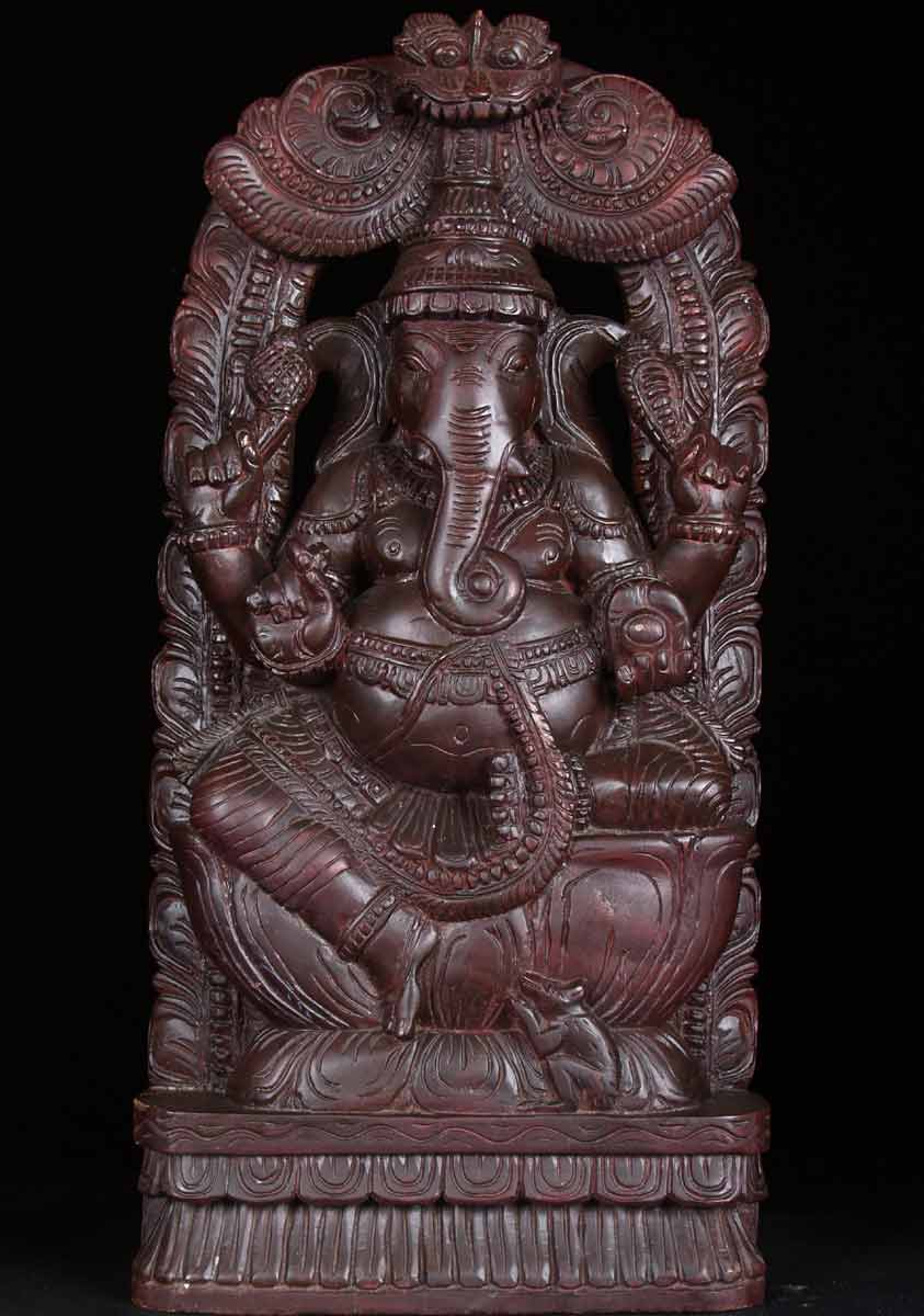 Wood Ganesh Statue With Mahakala 24"