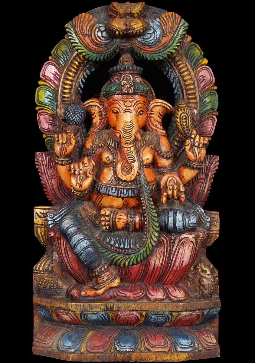 Wood Ganapathi Statue with Rat 18"