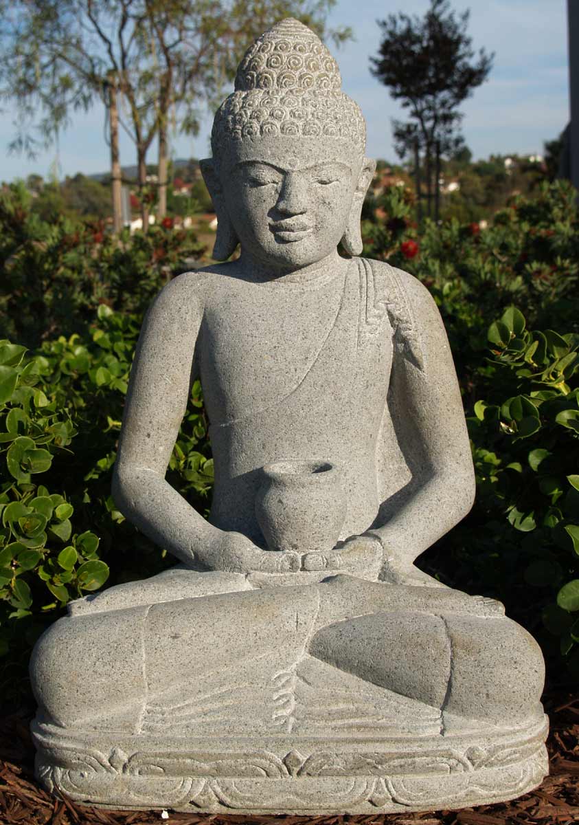 Meditating Stone Buddha Statue with Bowl 23"