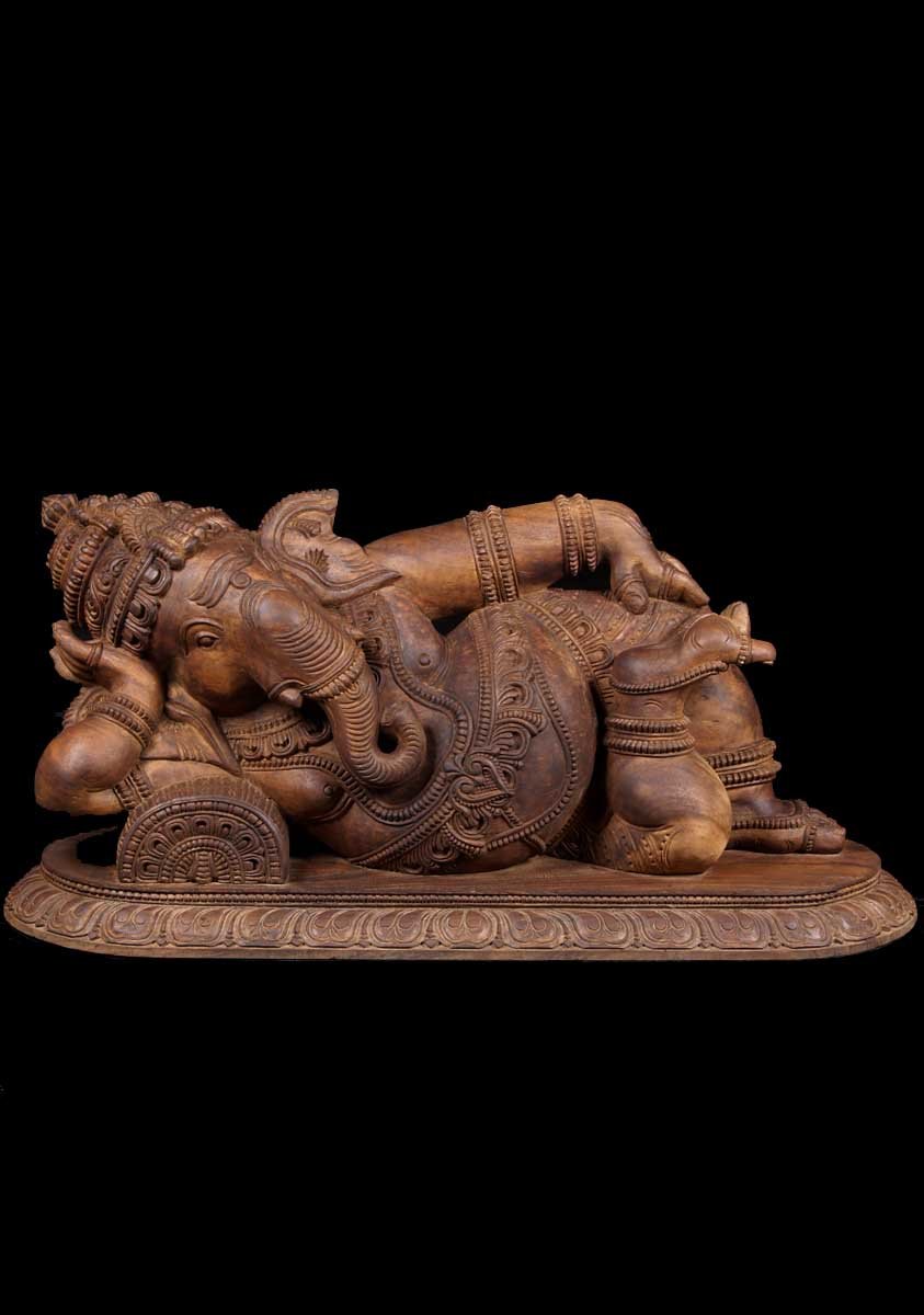 Large Reclining Wood Ganesh Statue 48"