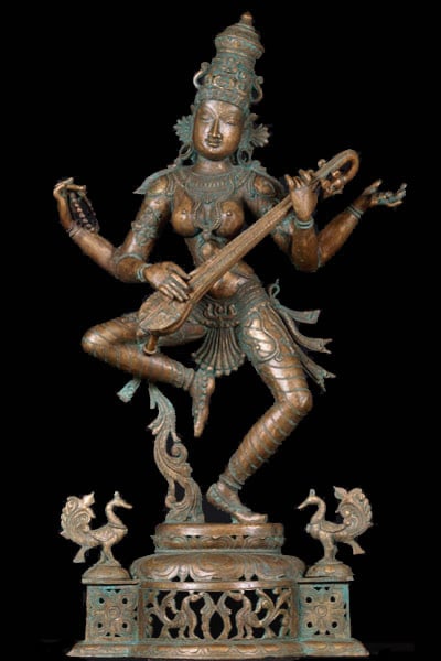 Bronze Saraswati Statue Playing the Veena 35.5"