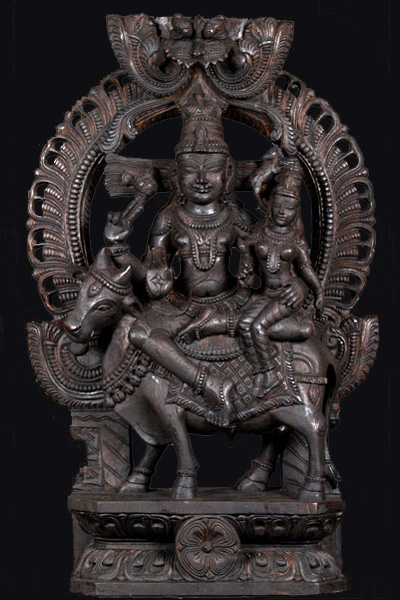 Wood Statue of Shiva & Parvati Seated on Nandi 36"