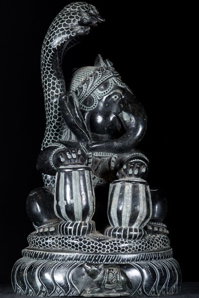 Ganesh Playing the Tabla with 5 Headed Cobra & Rat 17.5"