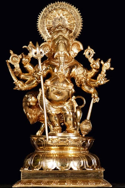 Bronze Ganesh With 8 Arms & Lion 19"