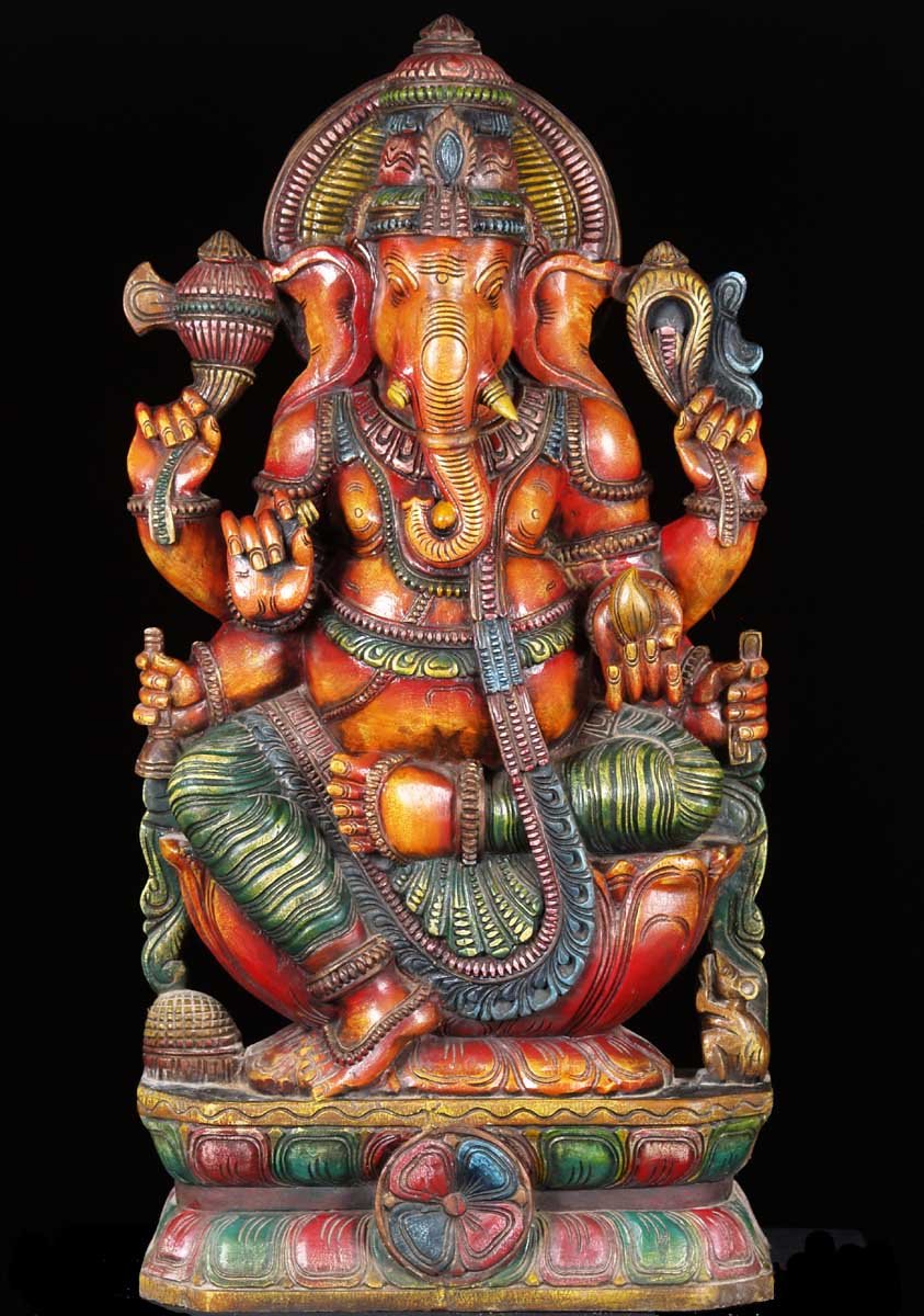 Orange Seated Ganesh Statue on a Double Lotus Base 36"