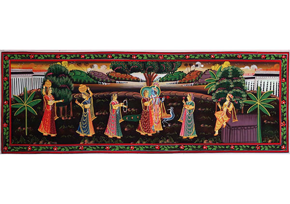 Krishna Painting Walking with Gopis & Peacocks 13" x 36"