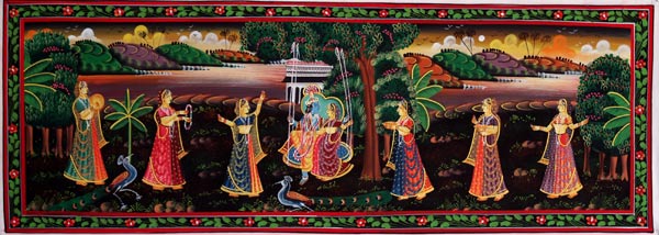 SOLD Blue Krishna Hindu Painting on a Swing with Gopi 13" x 36"