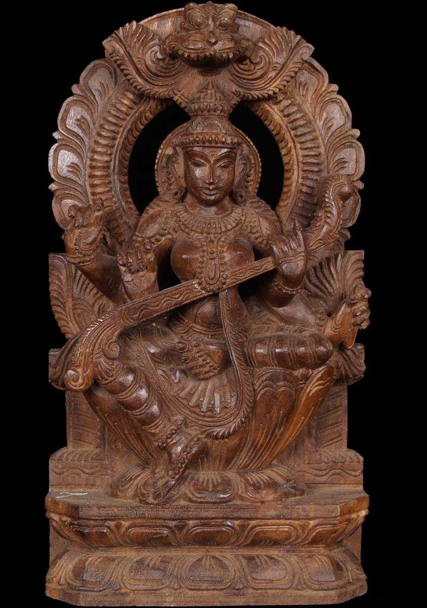 Saraswathi Wood Statue Playing Veena 18"