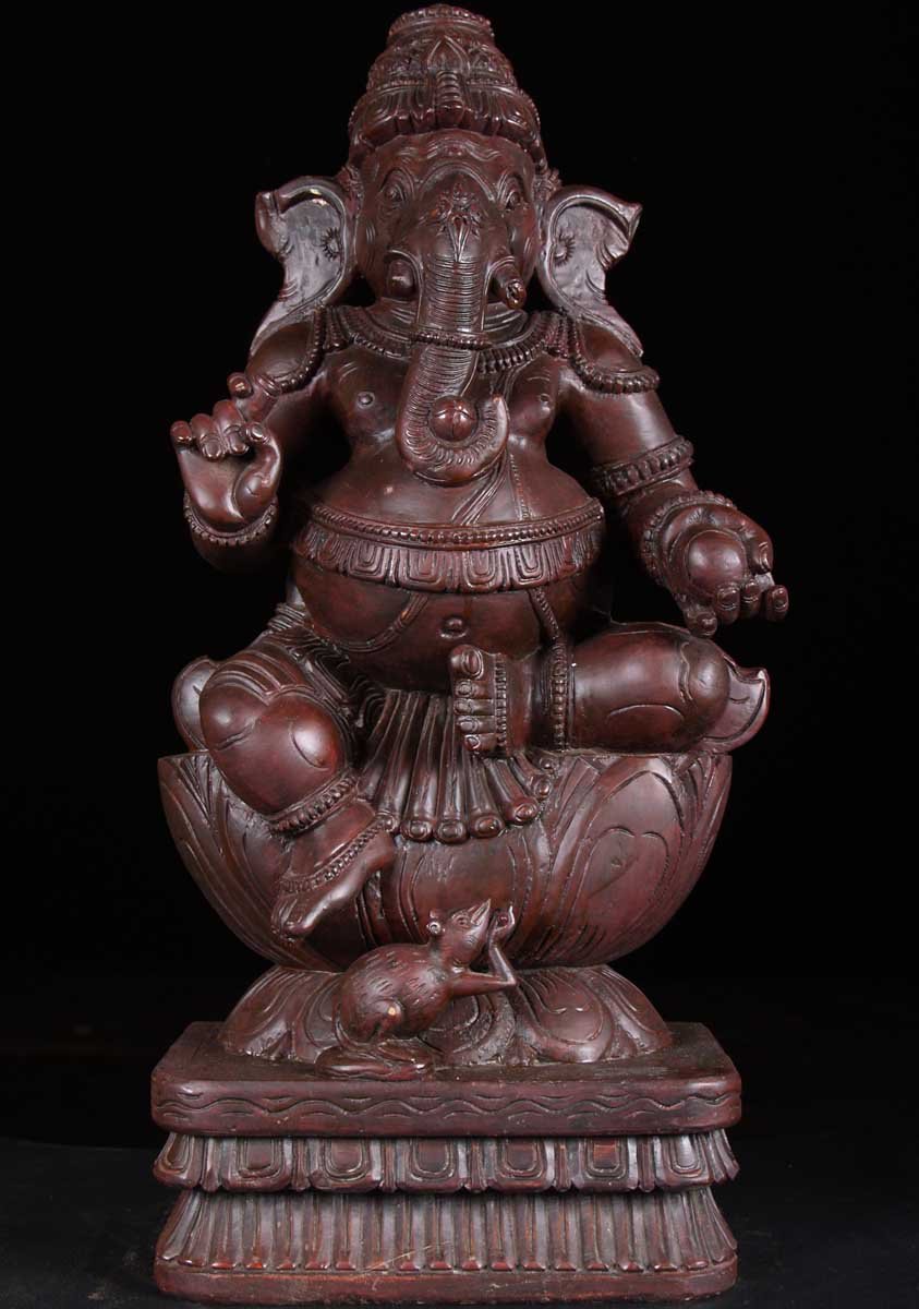 Wooden Ganesh Statue with Rat 24"