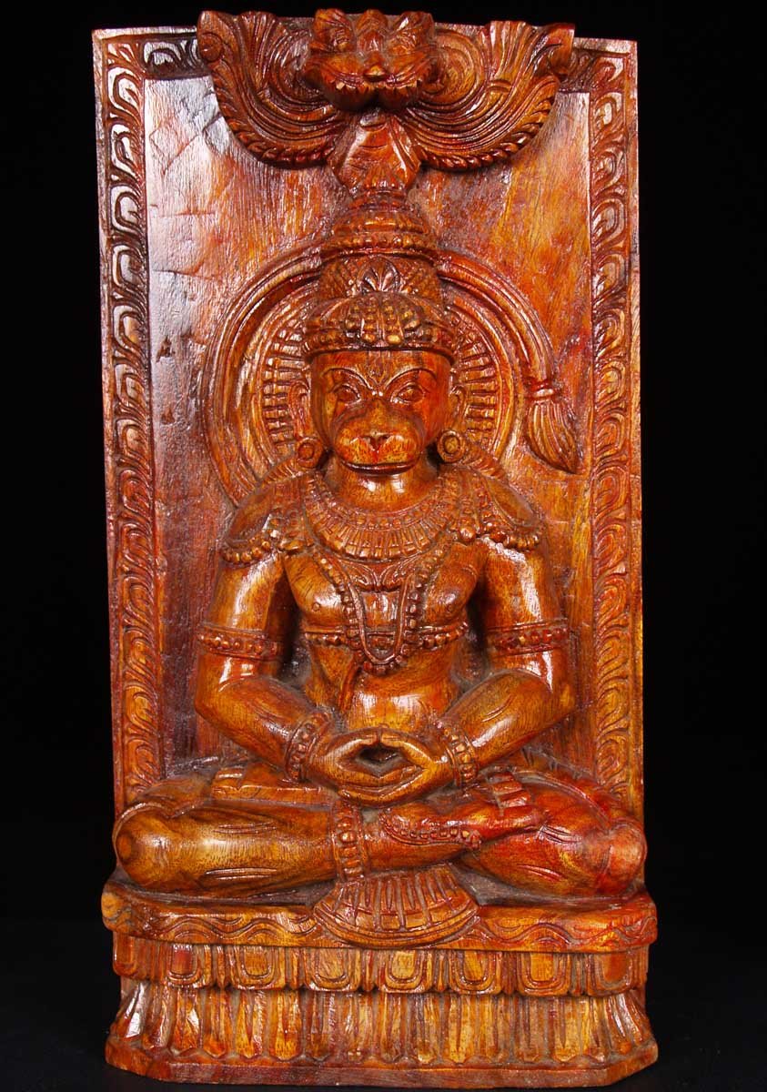 Wooden Meditating Hanuman Wall Panel 18"