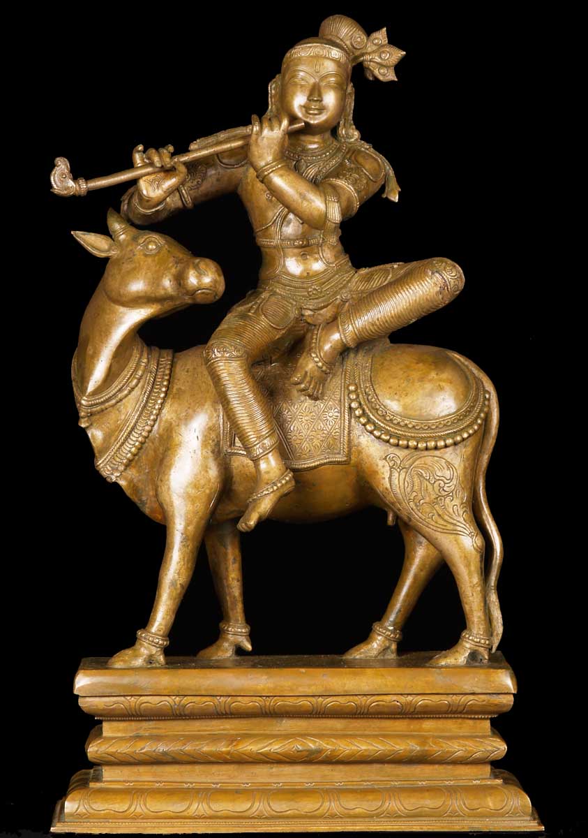 Bronze Krishna Playing Flute on Cow 21.5"