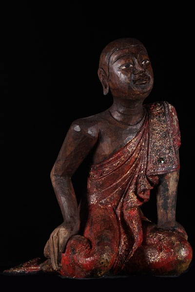 Kneeling Thai Monk Wearing Red Robes with Gold Leaf 20"