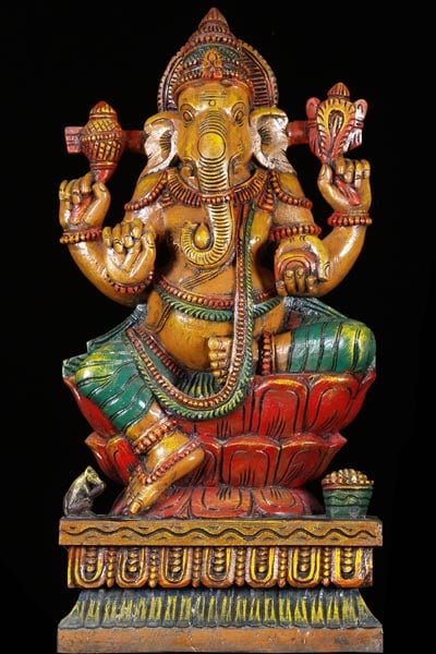 Colored Wood Ganesh Statue Holding Axe & Noose 24"