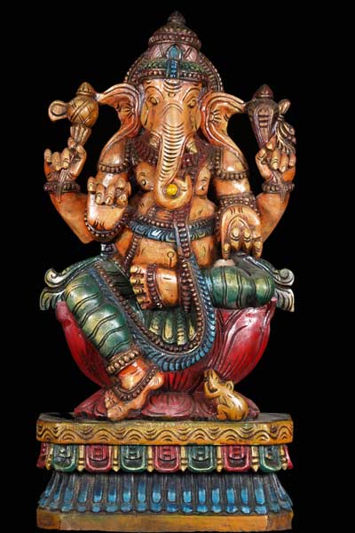 Colorful Seated Ganesh Statue on Lotus Base 24"